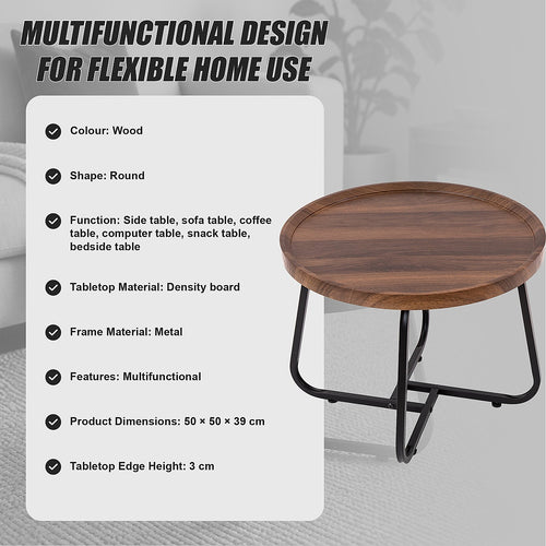 Round Side Table with Wood-Look Tray Top & Black Frame