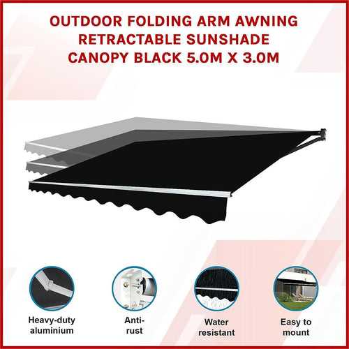 Outdoor Awning Black - 5x3m Retractable Sunshade
