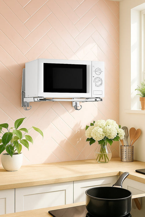 Stainless Steel Microwave Oven Wall Mount Bracket – Adjustable Shelf with Removable Hooks