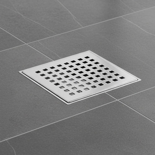 10 x 10cm Square Shower Drain with Grid Pattern Grate – Chrome Stainless Steel