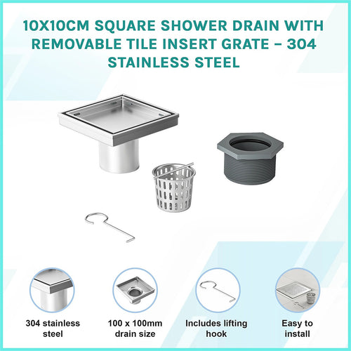 10x10cm Square Shower Drain with Tile Insert Grate – Stainless steel 304SS