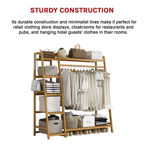 Portable Clothes Rack Coat Garment Stand Bamboo Rail