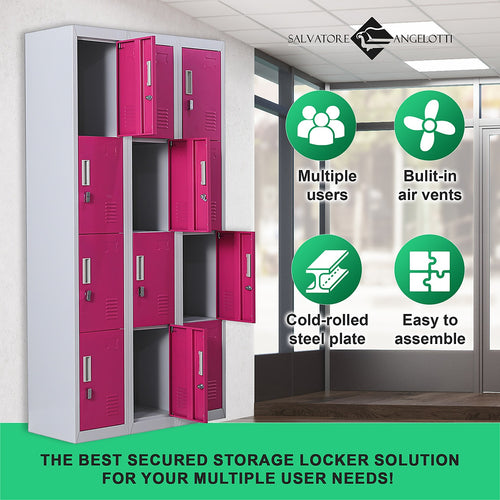 12-Door Locker – Grey with Pink Door with Padlock-operated | Secure Storage for Office, Gym or School Use