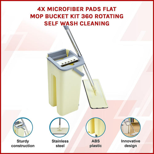 4x Microfiber Pads Flat Mop Bucket Kit 360 Rotating Self Wash Cleaning
