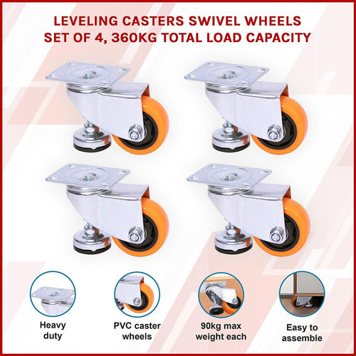 Leveling Casters Swivel Wheels Set of 4, 360 kg Total Load Capacity