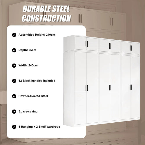 240x240cm 6-Door White Steel 1 Hanging and 2 Shelf Wardrobe with Black Handle Storage Cabinet