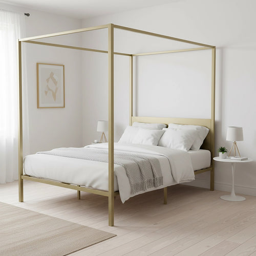 4-Poster Double Bed Frame – Sturdy Gold Modern Canopy Bed for Bedroom