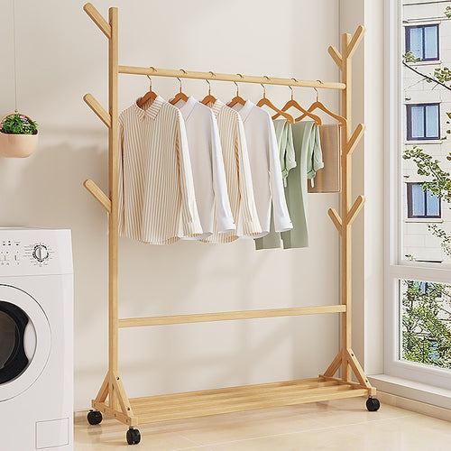 Portable Clothes Rack Coat & Garment Stand – Bamboo Rail Hanger Closet Airer in Wood