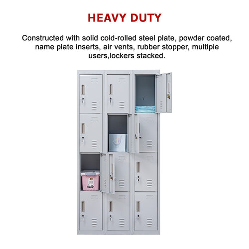 12-Door Locker – Grey with Standard Lock with 2 Keys | Secure Storage for Office, Gym or School Use