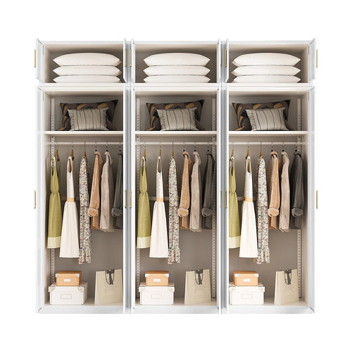 240x240cm 6-Door White Steel Hanging Wardrobe with Gold Handle Storage Cabinet