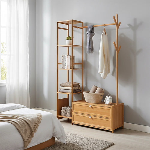 165x100cm Bamboo Clothes Rack Stand with Storage Shelves – Freestanding Garment Organiser in Wood