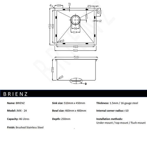 510x450mm Stainless Steel Handmade 1.5mm Sink with Waste in Stainless Steel with brushed finish Finish