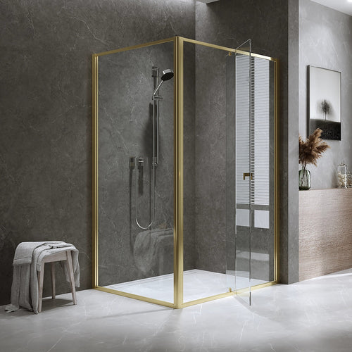 Adjustable Semi Frameless Shower Screen Front: (114~122)x195cm with Gold Hardware and Side: (98~101)x195cm