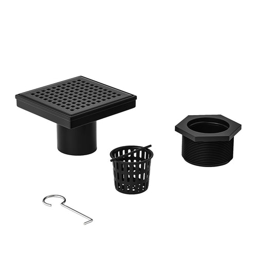 15 x 15cm Square Shower Drain with Grid Pattern Grate – Matte Black Stainless Steel