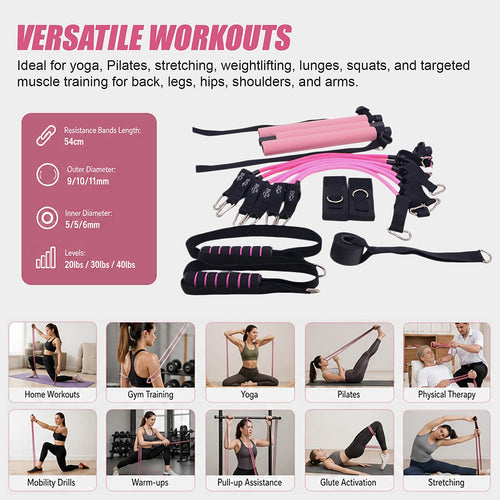 14-Piece Pilates Bar Kit with Resistance Bands & Belt – Versatile Home Fitness Pedal Puller for Full-Body Workouts