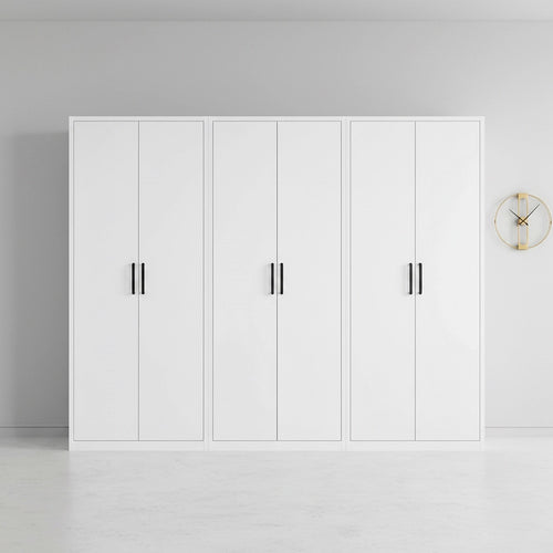 240x200cm 6-Door White Steel 1 Hanging and 2 Shelf Wardrobe with Black Handle Storage Cabinet