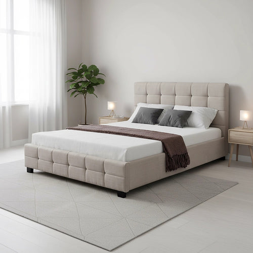 Double Deluxe Beige Linen Fabric Upholstered Bed Frame with Headboard & Slats