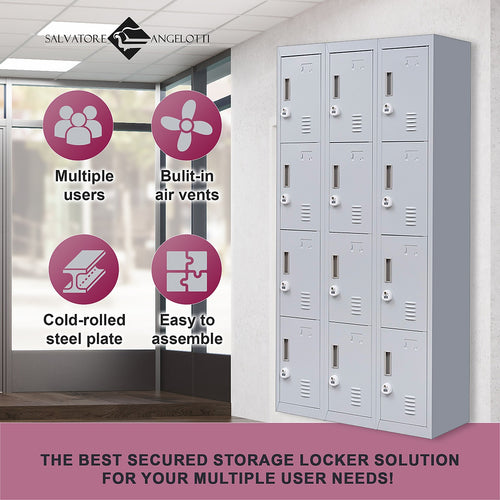 12-Door Locker – Grey with 3-Digit Combination Lock | Secure Storage for Office, Gym or School Use