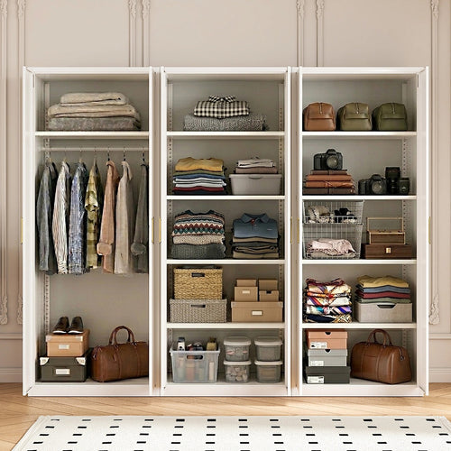 240x200cm 6-Door White Steel 1 Hanging and 2 Shelf Wardrobe with Gold Handle Storage Cabinet