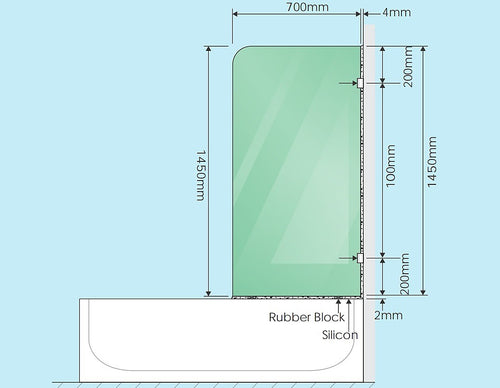 70cm Frameless Glass Bath Screen with Wall Channel - Chrome