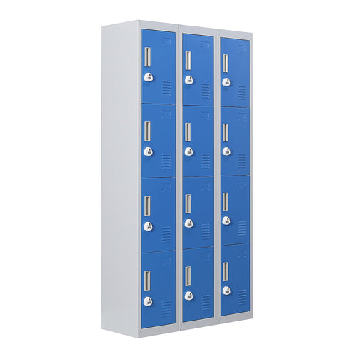 12-Door Steel Locker – Grey with Blue Door, 3-Digit Combination Lock