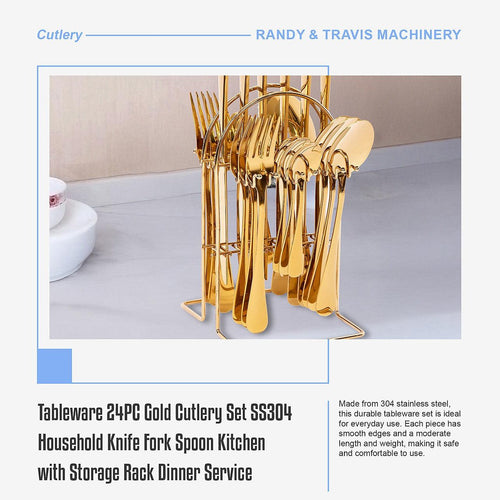 Tableware 24PC Gold Cutlery Set SS304 Household Knife Fork Spoon Kitchen with Storage Rack Dinner Service