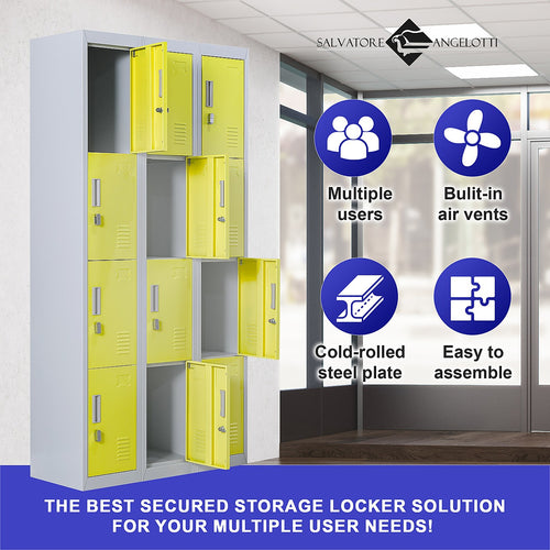 12-Door Locker – Grey with Yellow Door with Padlock-operated | Secure Storage for Office, Gym or School Use
