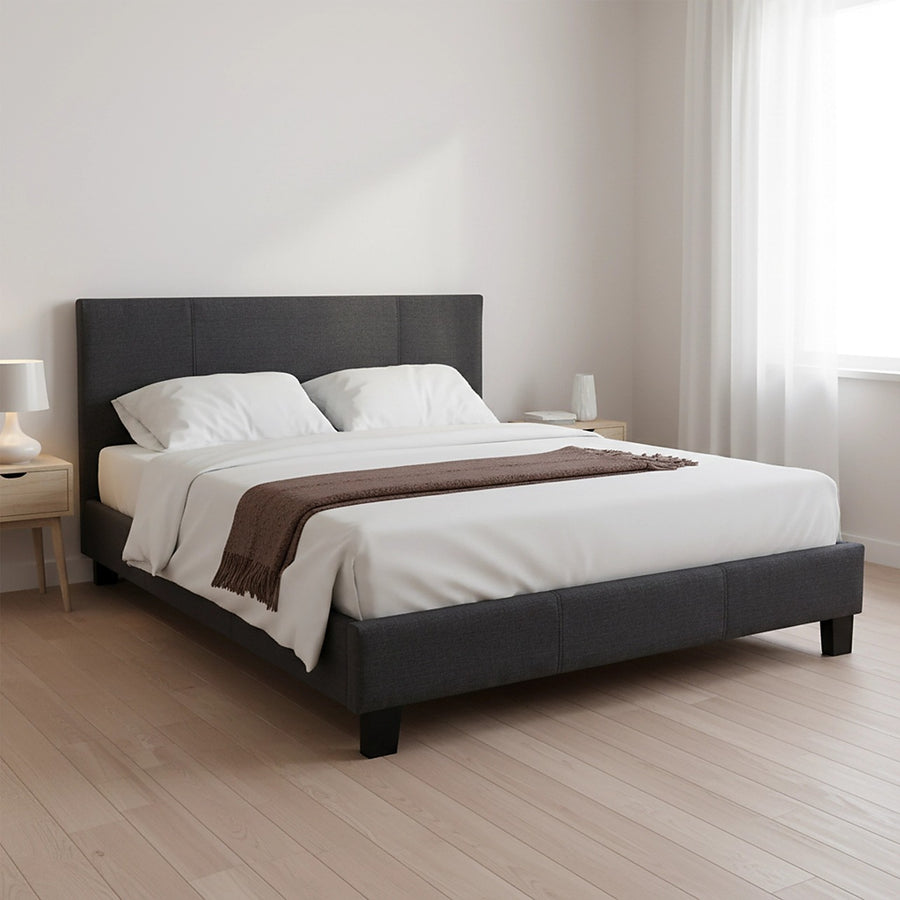 Double Size Bed Frame with Headboard – Grey Linen Fabric