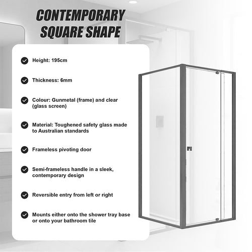 Semi-Frameless Shower Screen – Gunmetal, Front: (74~82)x195cm, Side: (77~80)x195cm