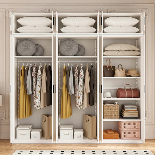 240x240cm 6-Door White Steel 2 Hanging and 1 Shelf Wardrobe with Black Handle Storage Cabinet