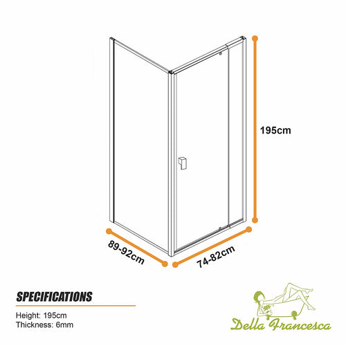 Semi-Frameless Shower Screen – Dust Brown, Front: (74~82)x195cm, Side: (89~92)x195cm