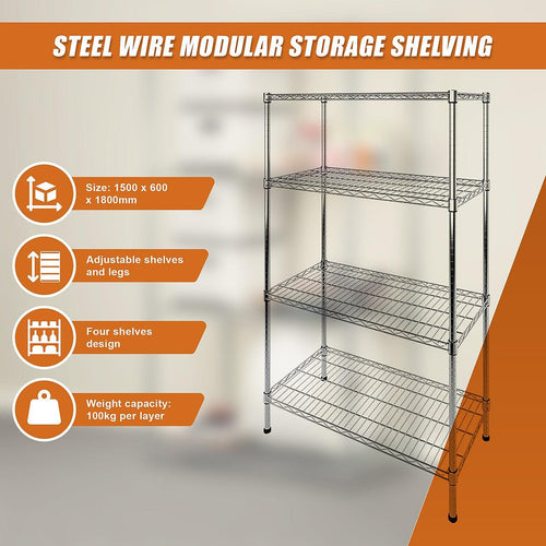 Modular Wire Storage Shelf 1200 x 600 x 1800mm Steel Shelving - Carbon Chrome Plated