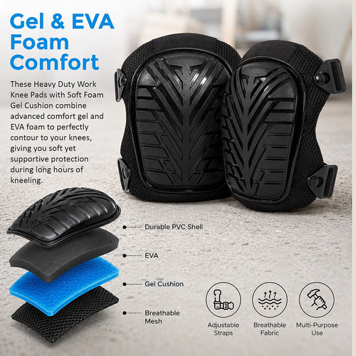 Heavy Duty Work Knee Pads – Construction Safety Pads with Foam & Gel Cushion for Trades