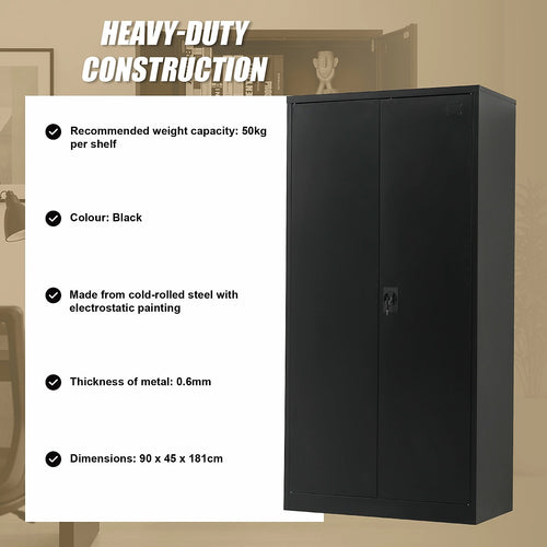 Double-Door Metal Cabinet with 4 Shelves – Office, Garage, or Home Storage in Black without Legs