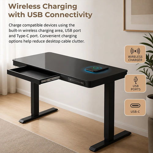 Electric Standing Desk 120x60cm Black Glass with Drawer & Wireless Charger