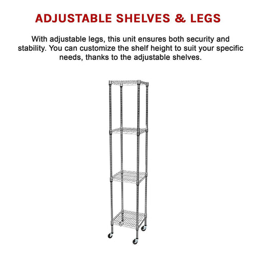 Modular Wire Storage Shelf 450 x 450 x 1800mm Steel Shelving - Carbon Chrome Plated with Wheels