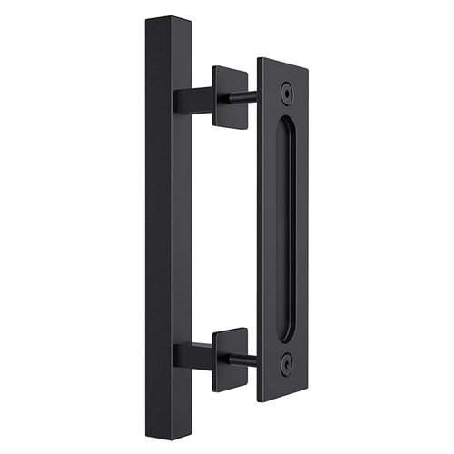 12" Square Pull and Flush Door Handle Set Black Barn Door Hardware