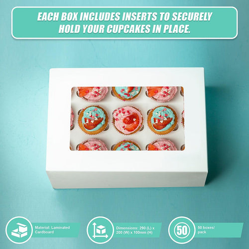 50pcs Cupcake Boxes 12-Hole Laminated Clear Window Face Boxes Favour