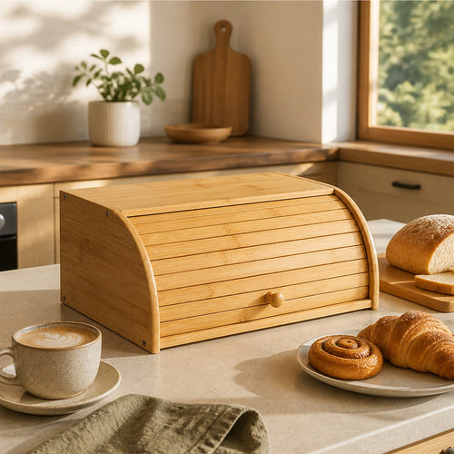 Bamboo Bread Box with Rolltop Lid for Kitchen Storage