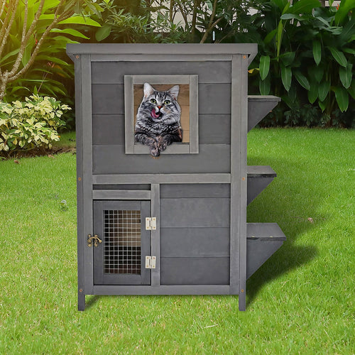 2-Story Wooden Cat House – Weatherproof Indoor/Outdoor Pet Shelter with Bitumen Roof