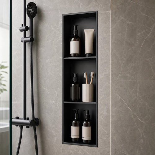 90cm Black Recessed Shower Niche 3-Tier Stainless Steel Bathroom Wall Storage Shelf