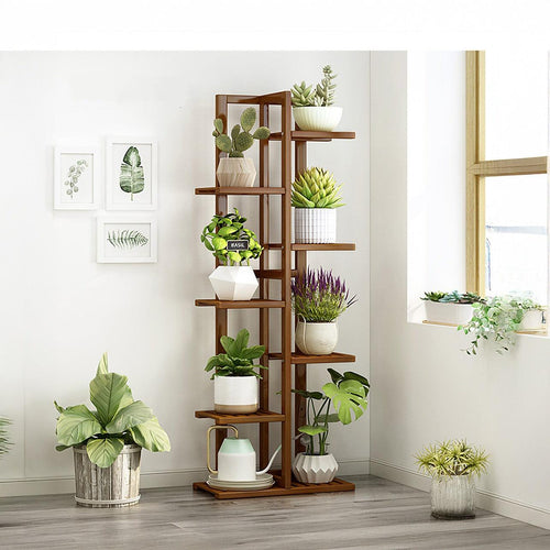 6 Tiers Vertical Bamboo Plant Stand Staged Flower Shelf Rack Outdoor Garden - Dark Wood