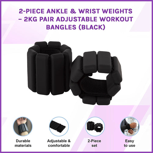 2-Piece Ankle & Wrist Weights – 2kg Pair Adjustable Workout Bangles Black for Fitness Training
