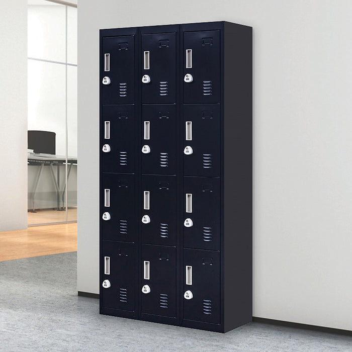 12 Door Locker for Office, Gym, School & Home Storage in Black - 3-Digit Combination Lock