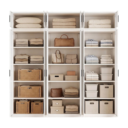 240x240cm 6-Door White Steel Shelf Wardrobe with Black Handle Storage Cabinet