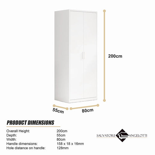 80x200cm 2-Door White Steel Hanging Wardrobe with White Handle Storage Cabinet