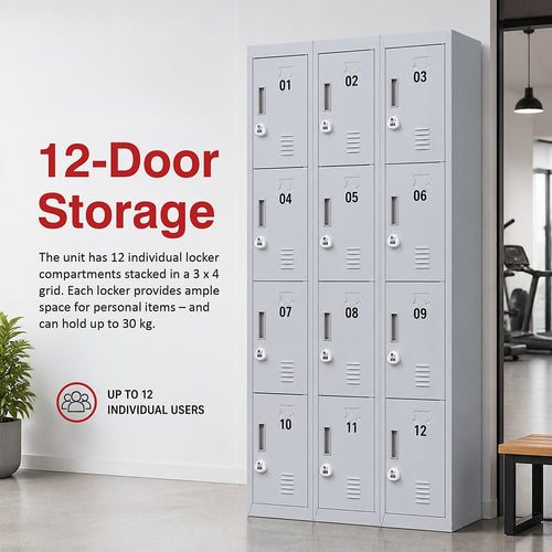 12-Door Steel Locker – Grey, 3-Digit Combination Lock