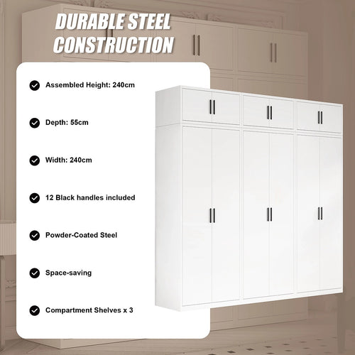 240x240cm 6-Door White Steel Shelf Wardrobe with Black Handle Storage Cabinet