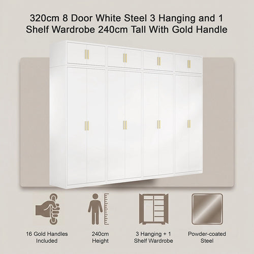 320x240cm 8-Door White Steel 3 Hanging and 1 Shelf Wardrobe with Gold Handle Storage Cabinet