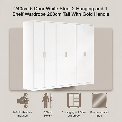 240x200cm 6-Door White Steel 2 Hanging and 1 Shelf Wardrobe with Gold Handle Storage Cabinet